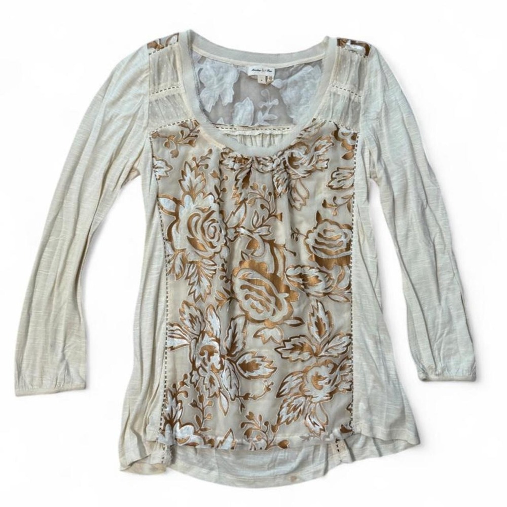 Meadow Rue Anthropologie Cream & gold floral long sleeve blouse